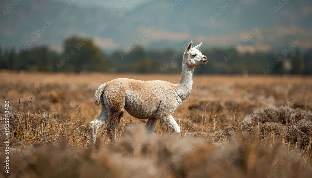 Fototapeta premium Alpaca walking in grassy field with distant mountains and soft light