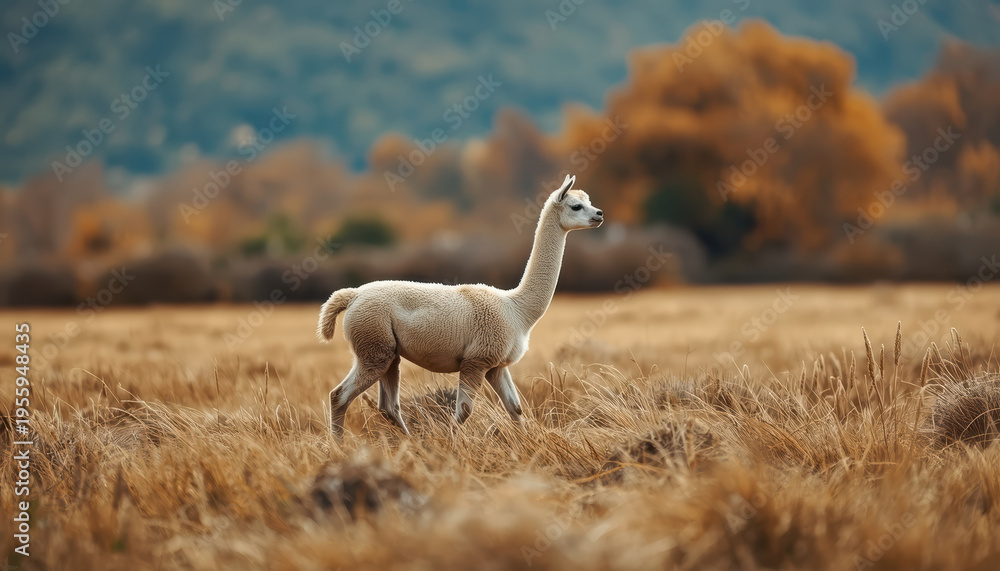 Obraz premium Alpaca walking in field with mountain background warm autumn tones calm mood