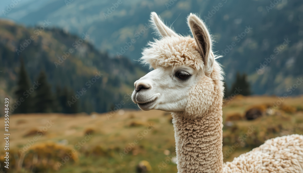 Obraz premium Alpaca mountain meadow calm beauty soft fleece portrait