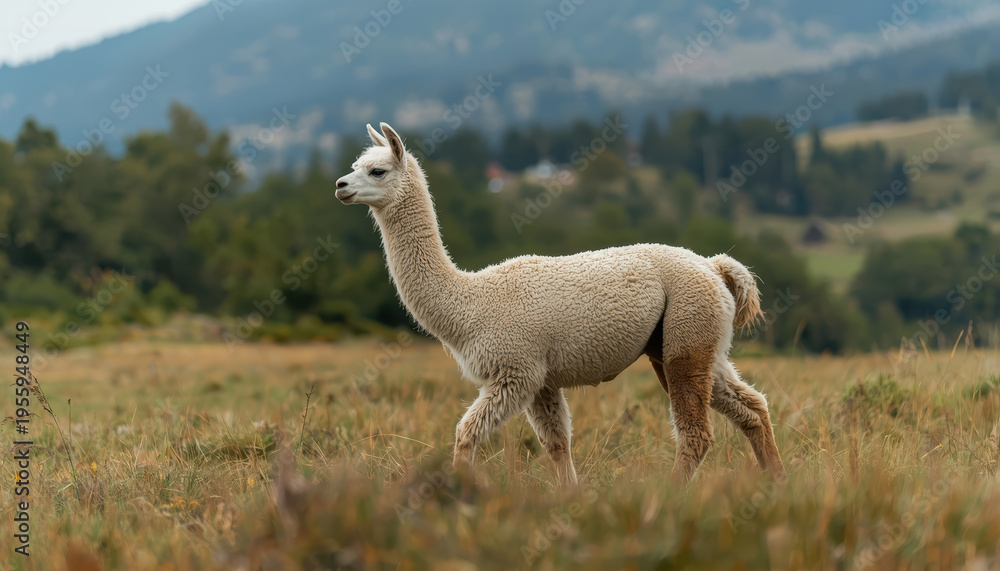 Obraz premium Alpaca walking in grassy field with blurred mountain background, calm pastoral scene