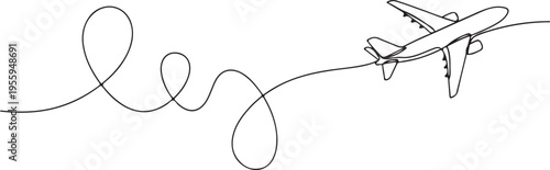 A continuous one line drawing of an airplane flying with a long, winding flight path indicating journey
