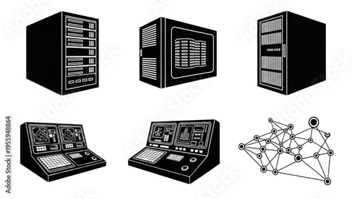 A collection of retro computing server racks, control panels, and network diagrams illustrating early data infrastructure