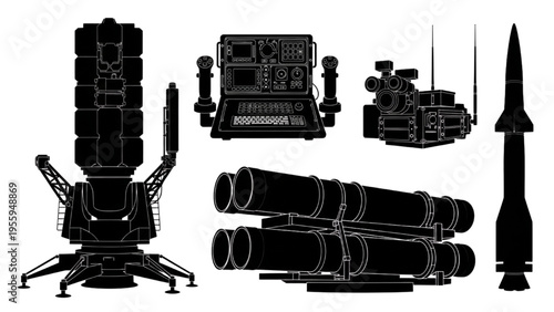 Collection of advanced military defense systems and weaponry silhouettes showcasing strategic combat technology