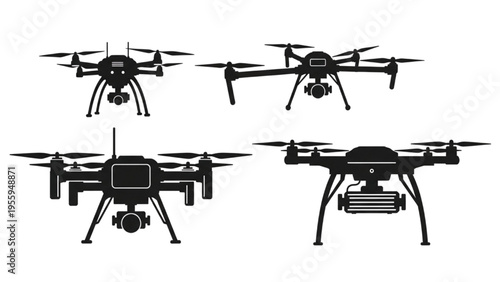 Set of diverse professional drone silhouettes with integrated cameras for modern aerial photography and surveillance technology applications