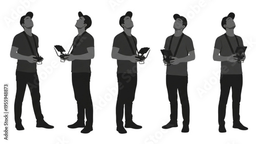 Silhouettes of a person holding a drone controller, looking up