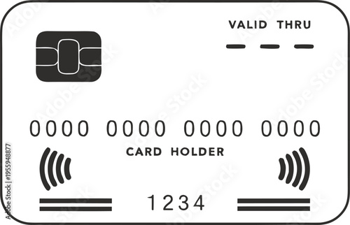 A minimalist black and white graphic illustration of a standard contactless payment credit card