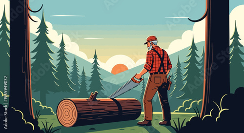 Lumberjack cutting log with chainsaw in forest landscape illustration