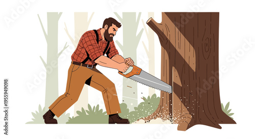Illustration of lumberjack cutting down tree with handsaw