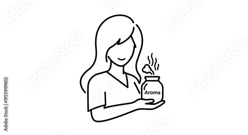 Woman holding aroma jar with steam, wellness and aromatherapy concept, line art illustration