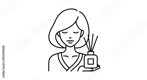 Woman holding aromatherapy diffuser with reeds, relaxing spa atmosphere, wellness concept