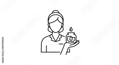 Woman holding essential oil bottle with dropper, spa, wellness, beauty, skincare icon