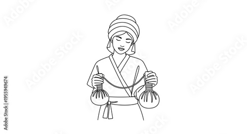 Woman in spa robe with herbal compress balls, relaxing spa treatment, wellness, beauty