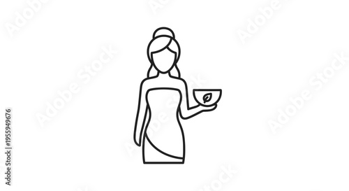 Woman in spa towel holding a bowl with leaf icon, representing wellness and natural beauty