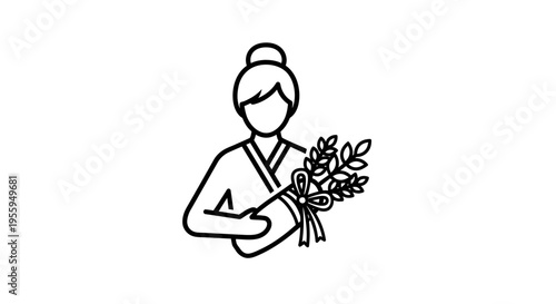 Woman in Traditional Japanese Kimono Holding Bamboo Branches with Ribbon