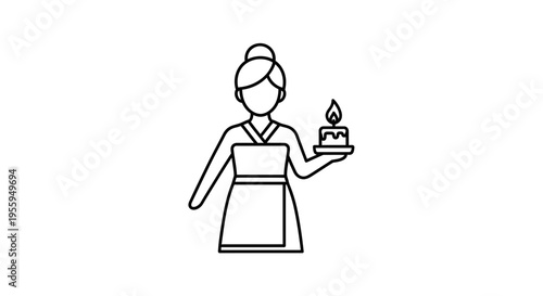 Woman in traditional Japanese kimono holding a birthday cake with a lit candle
