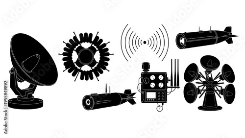 Collection of electronic communication devices, radar, and aerial bombs in silhouette