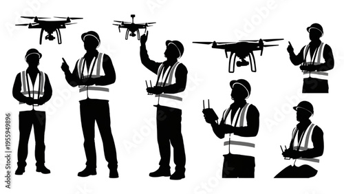 Professional Drone Operators and Engineers Working with UAVs for Various Industry Tasks and Aerial Surveillance