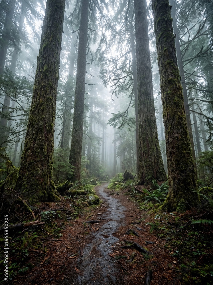 Fototapeta premium Enchanted Forest Path in Silent Alpine Mist