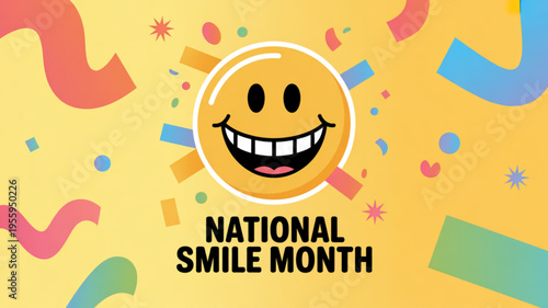 Smiling face with colorful confetti on yellow background celebrating national smile month with joyful expression