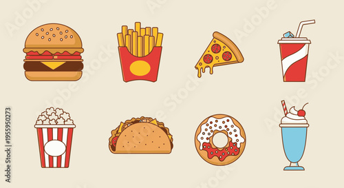 Fast food icons set with burger 1.