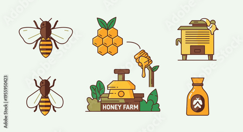 Honey farm with bees and honeycomb.
