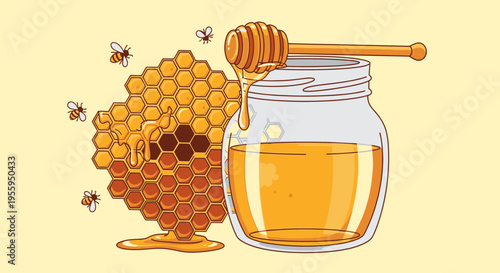 Honey in a glass jar with honeycomb.