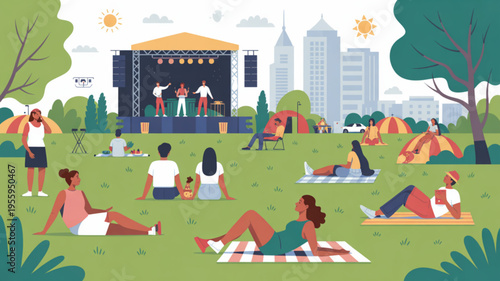 People relaxing on grass at outdoor music festival with stage and city skyline