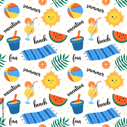 Beach seamless pattern with beach elements. Cute summer doodle background with sun, watermelon, cocktail, palm leaves and words vacation, fun, beach. Playful colorful repeat vector illustration