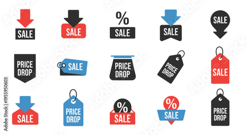 Sale and price drop tags.