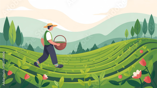 Man in hat walking with basket through lush green tea plantation rows with flowers and trees