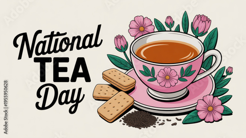 National tea day celebration with pink teacup biscuits and flowers on a beige background