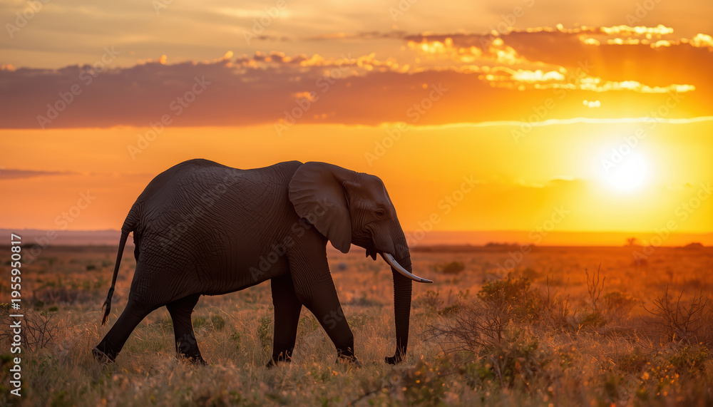 Fototapeta premium African elephant walking across golden grassland at sunset with warm sky and clouds