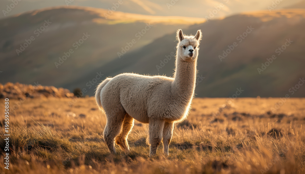 Naklejka premium Fluffy alpaca standing in golden mountain meadow at sunset surrounded by warm light