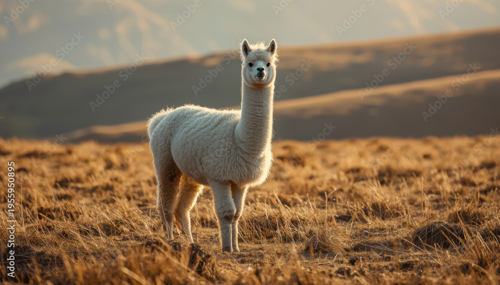 Naklejka premium Fluffy white alpaca standing in golden mountain meadow at sunset, serene expression