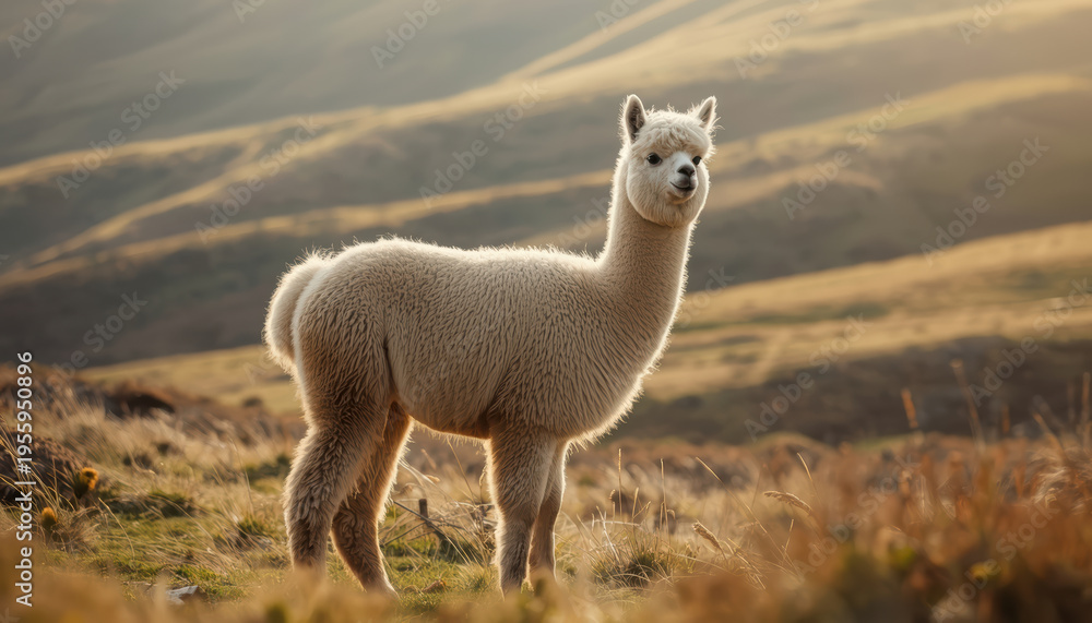 Obraz premium Fluffy alpaca standing in sunlit mountain meadow with golden hills in background