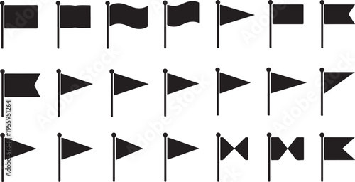 Set of flag icons in various shapes and forms, including rectangle, wavy, pennant, and swallowtail designs on transparent background