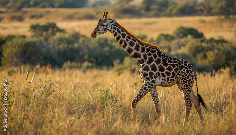 Obraz premium Young giraffe walking through golden savanna grass at warm backlit sunset