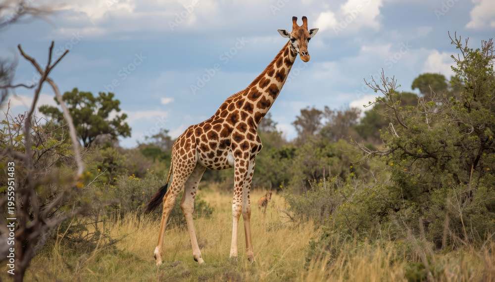 Fototapeta premium Giraffe savanna tall wildlife elegant animal standing in grassland with cloudy sky