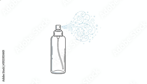 Spray bottle releasing mist, isolated on white background, line art illustration