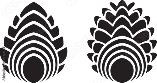 Two stylized pine cone icons with layered petal designs and concentric circles on transparent grid background