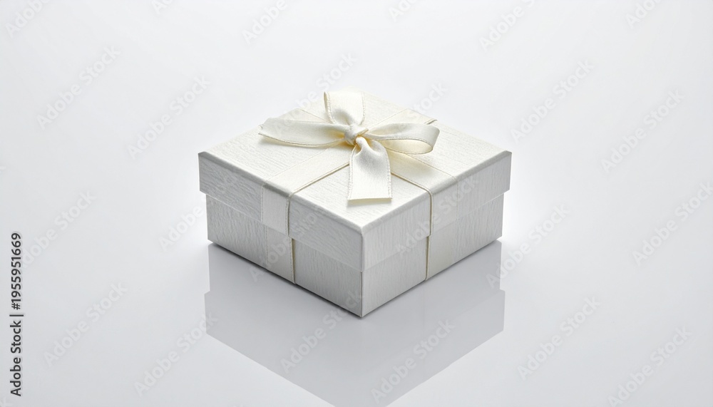 Obraz premium Elegant white gift box with a satin ribbon bow, presented on a clean, minimalist white background