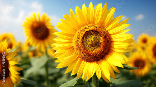 A close up of a yellow sunflower in a field