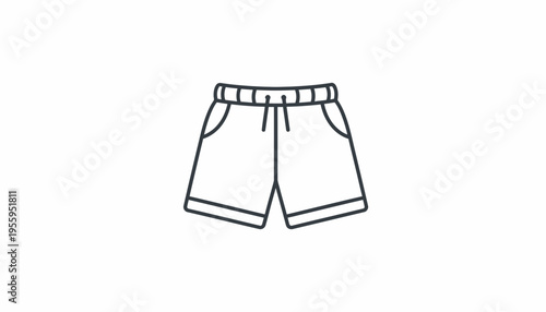 Simple Line Drawing of Casual Shorts with Drawstring and Pockets on White Background