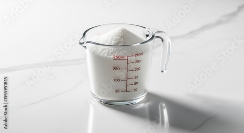 A clear glass measuring cup filled with white powder on a white marble surface.
