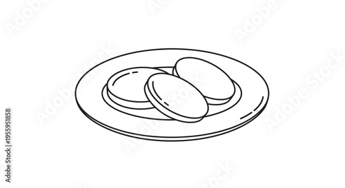 Simple line drawing of three round cookies on a plate, minimalist food illustration