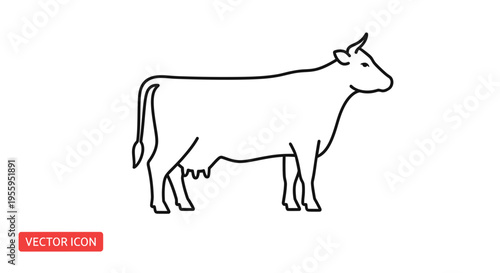 Simple Line Icon of a Cow Standing, Vector Illustration of Farm Animal
