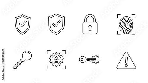 Cyber Security Icon Set, Minimal Vector Line Art, Digital Protection, Shield, Padlock, Fingerprint Scanner, Data Safety, Thin Stroke, Network Security