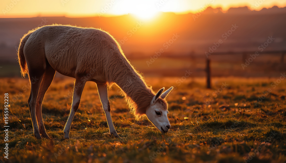Fototapeta premium Golden llama grazing at sunrise in pasture, serene warm light and soft glow