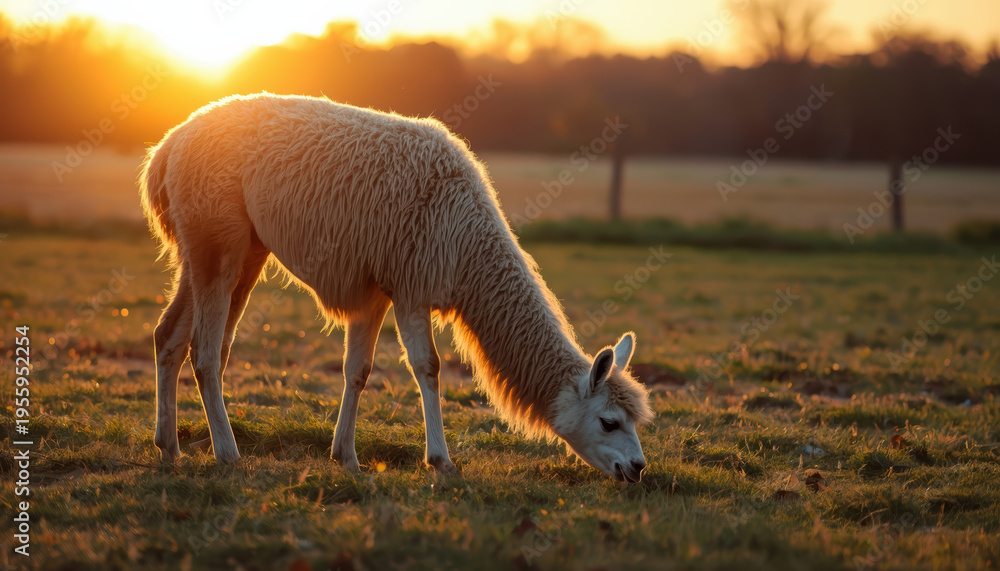 Obraz premium Golden llama grazing in pasture at sunrise with soft warm light