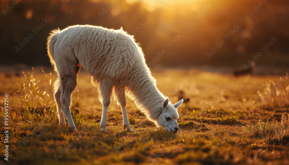 Naklejka premium White llama grazing in golden sunrise meadow with soft warm light